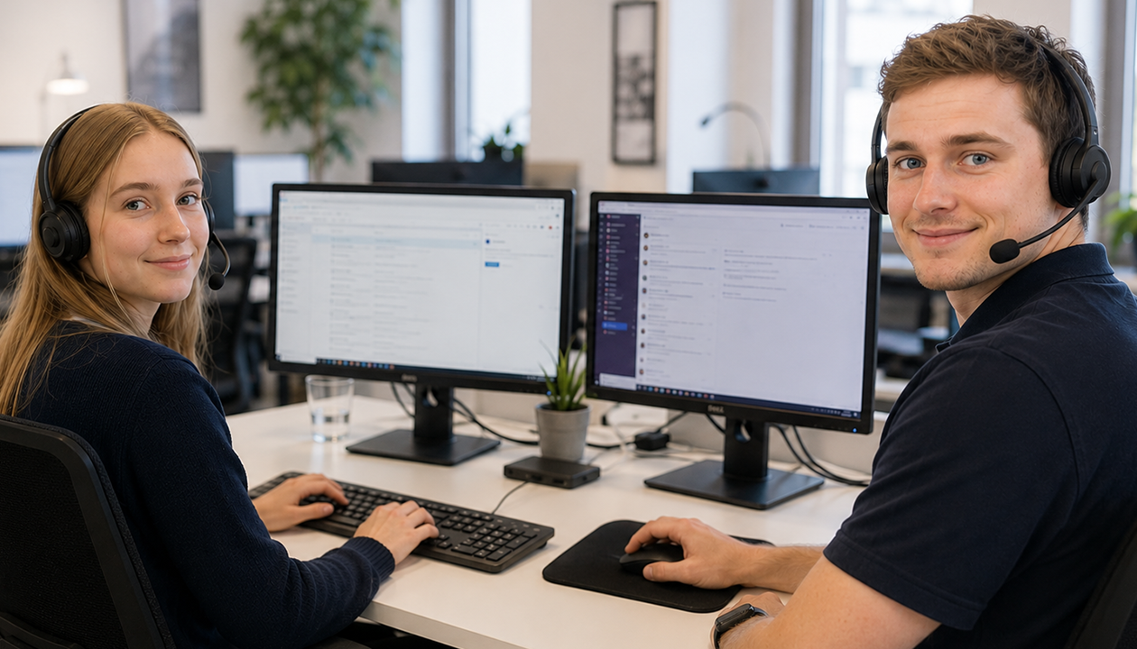 Kopfhörer-Headset, Dual-Monitor-Arbeitsplatz, Schreibtisch-Setup, Headset mit Mikrofon, Büro-Umgebung, 