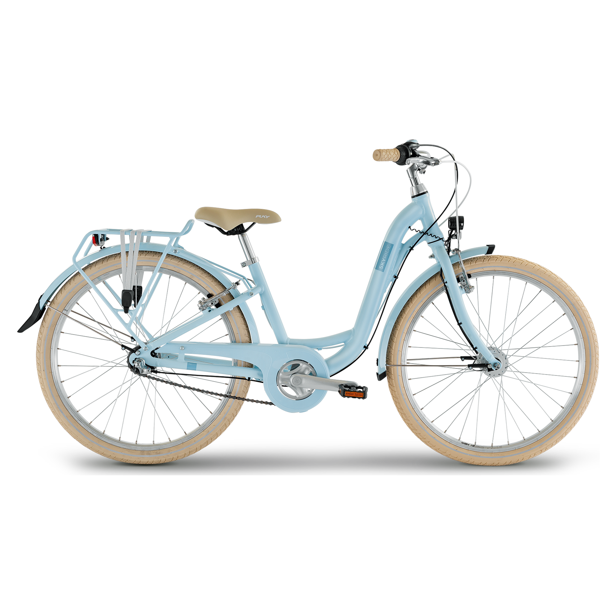 Stadtfahrrad, Tretframe, Himmelblau, Beige Sattel, Doppeltragetasche hinterteil, 