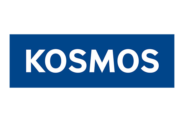 Kosmos, Logo, Brand label, Blaues Rechteck, Weiße Schrift, 