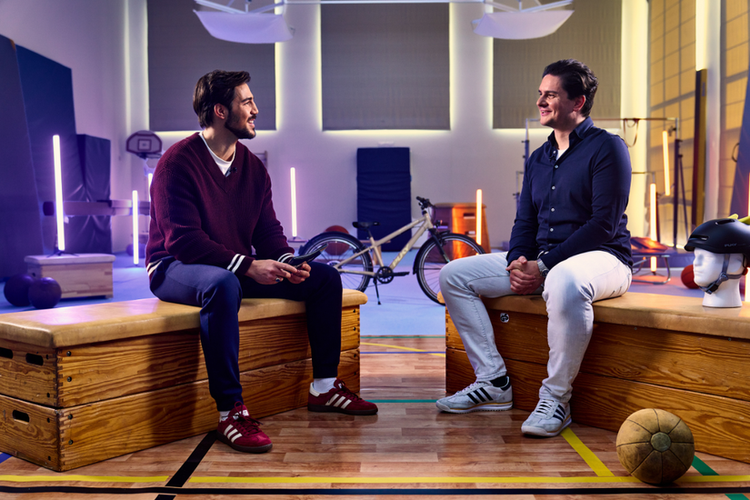  fitness studio, interview, two people, bicycles, pumpkin ball, 