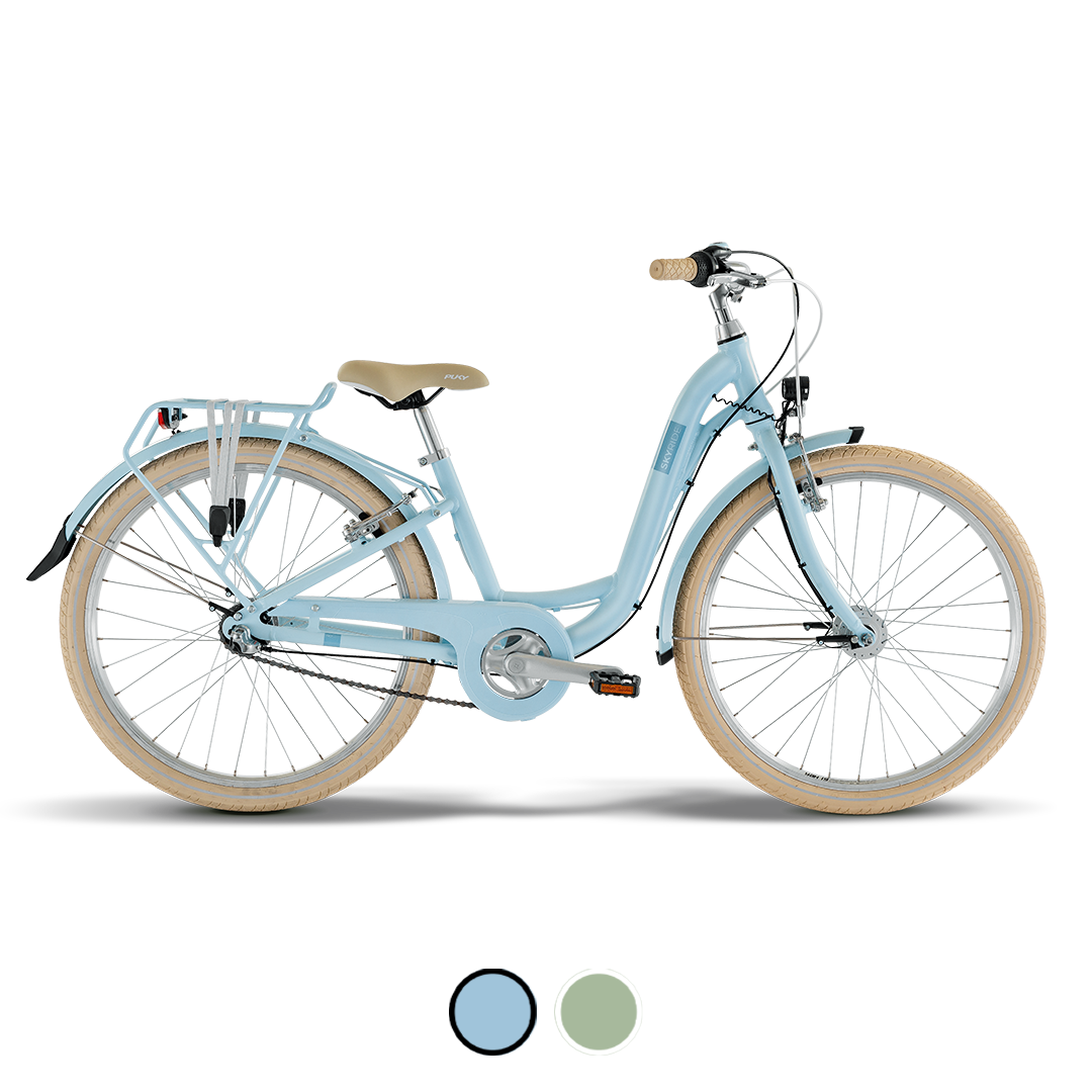 Citybike, Tiefeinsteiger-Rahmen, Blau, Beige Sattel, Schutzbleche, 