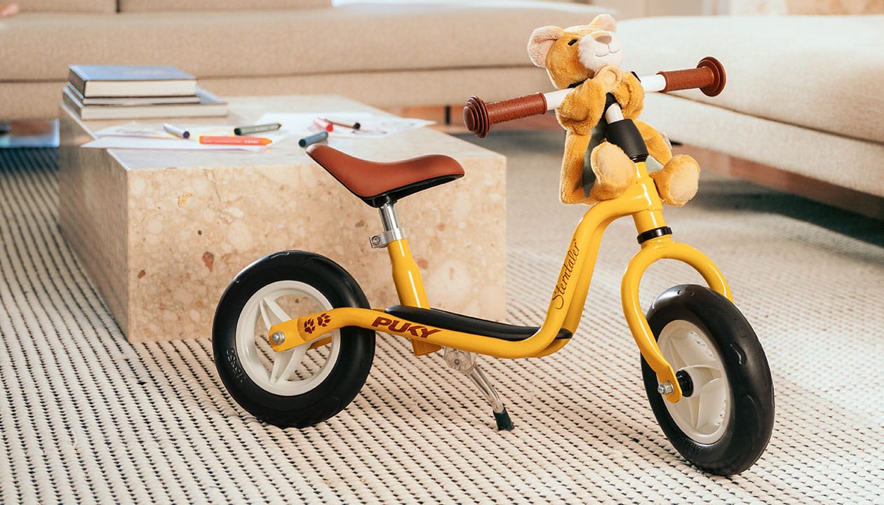Kinderfahrrad, gelb, Miniaturfahrrad, Sattelbraun, Teddy Begleiter, 