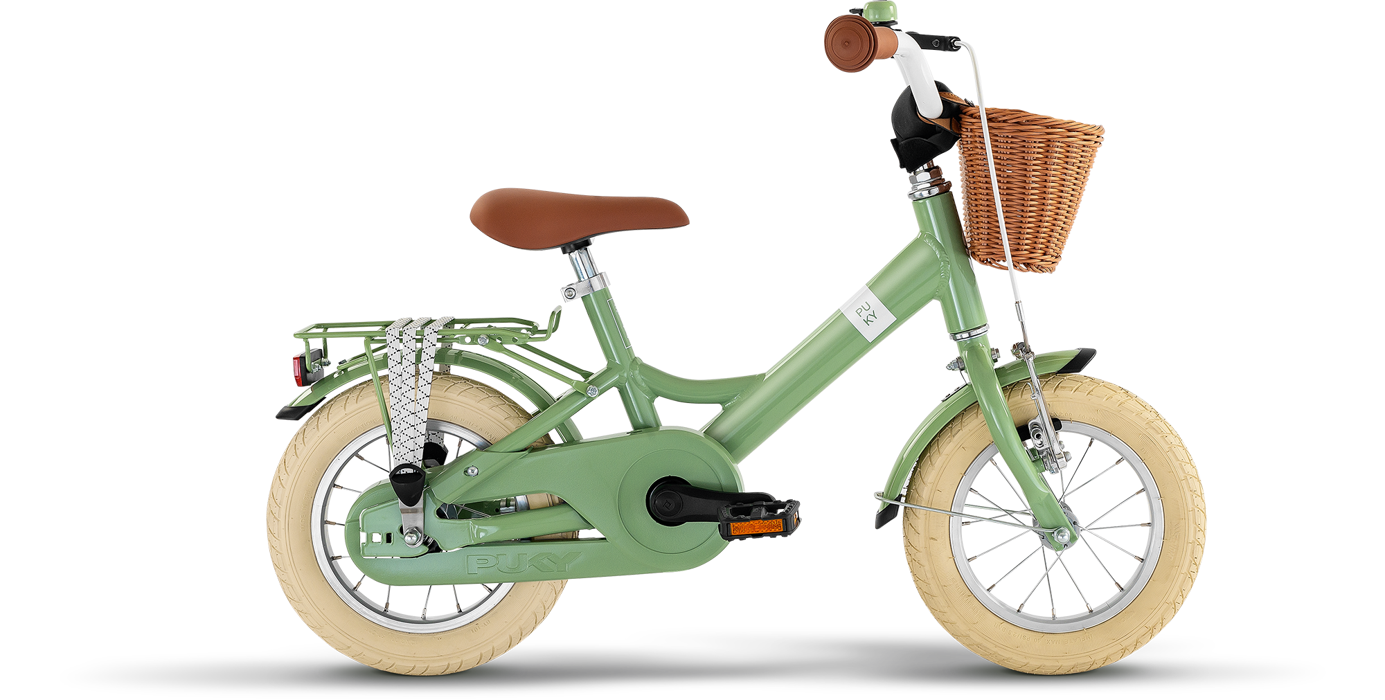 Kinderfahrrad, Grün, Korb, Sattelbraun, Rückenstreben, 