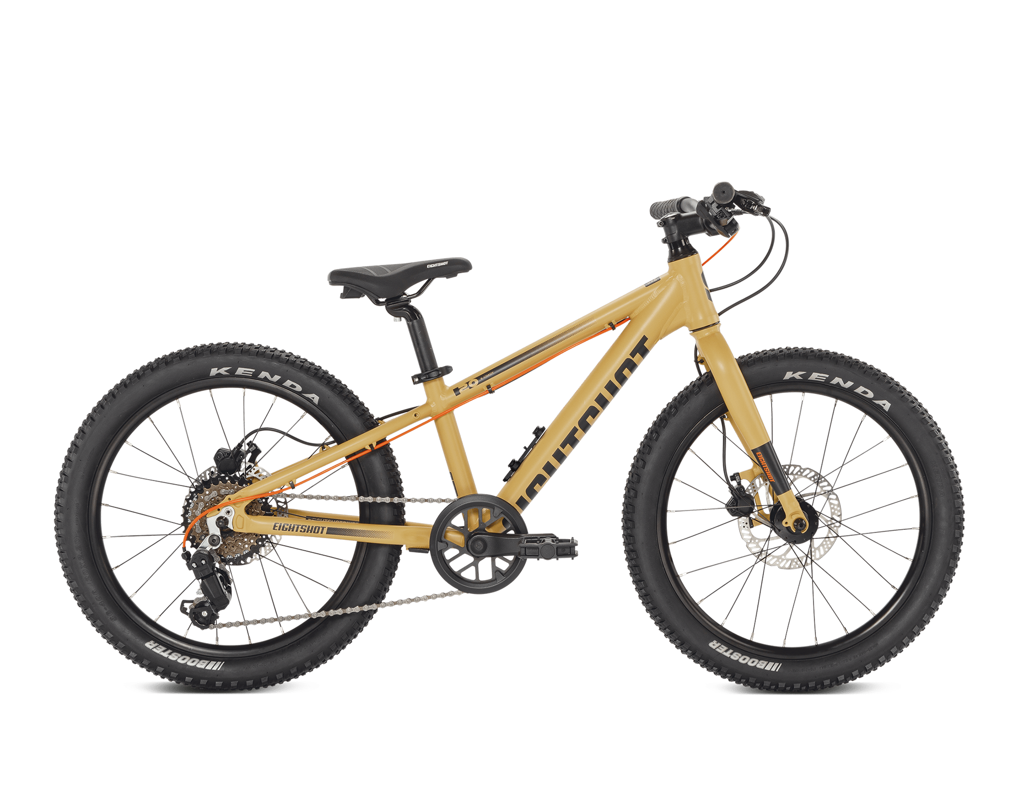 Mountainbike, goldenes Rahmen, Scheibenbremsen, Breite Reifen, Gabel mit Federung, 
