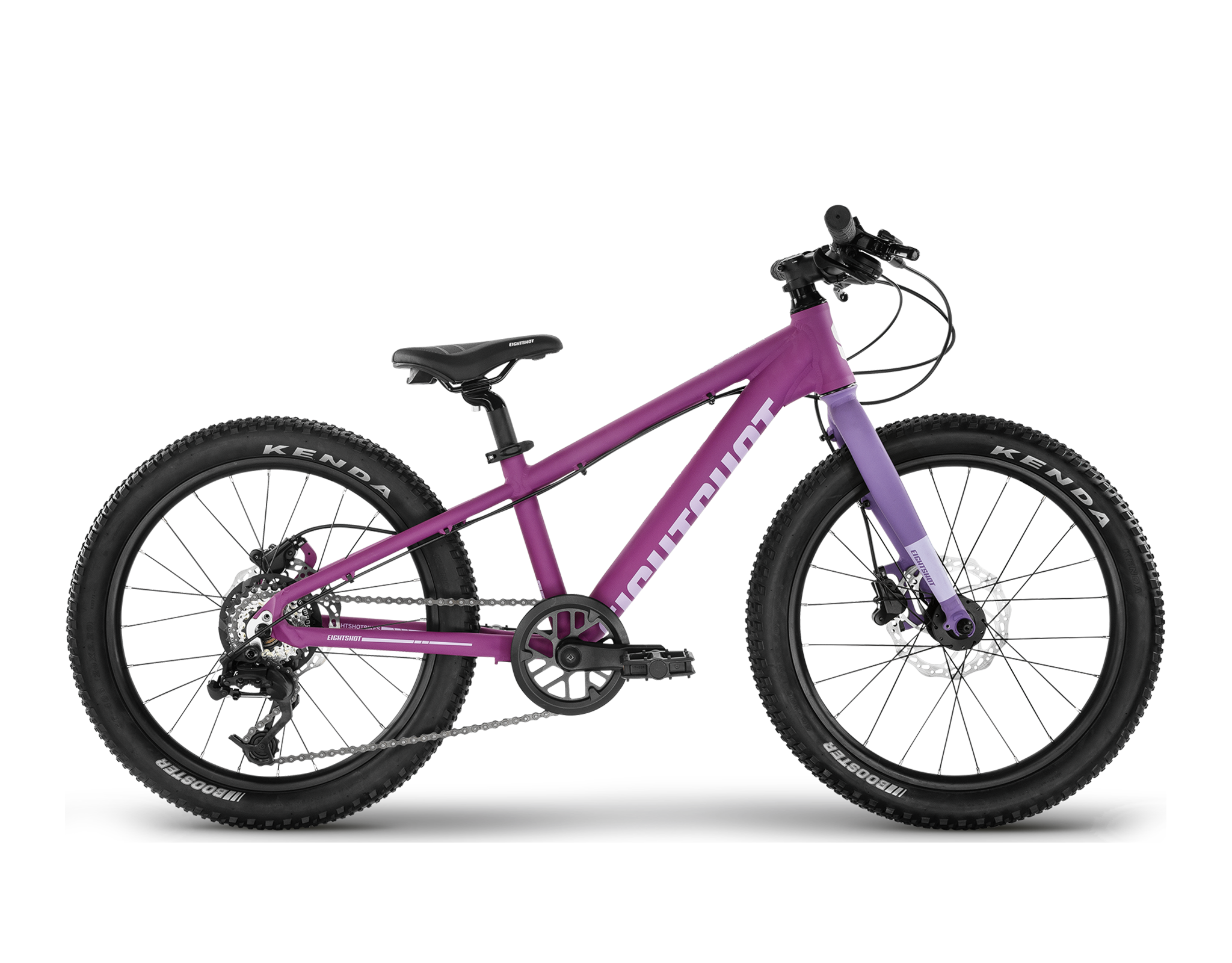 Mountain Bike, Purple frame, Disk brakes, 8-speed, Suspension fork, 