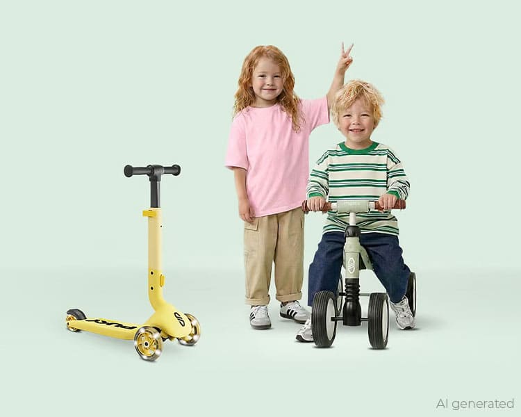 Kinderroller, Dreirad, Tretroller, gelber Roller, Kinderfahrzeuge, Kinderroller, Tretroller, Dreirad, gelb, grün-weiß gestreift, Kinderroller, Tretroller, gelber Roller, Dreirad, Kinderfahrzeug, 